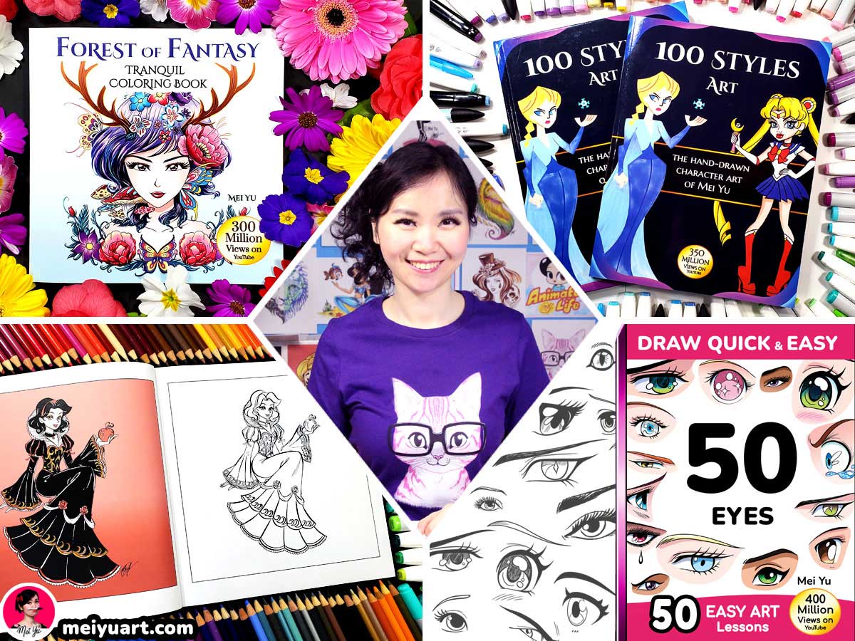 Photo of Mei Yu, with images of some of her coloring, how to draw, and art books all around.