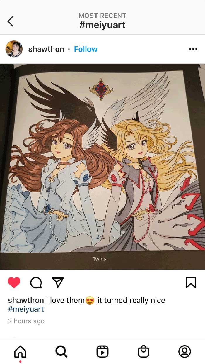 Fan coloring from Mei Yu's coloring books, featuring twin anime girls.