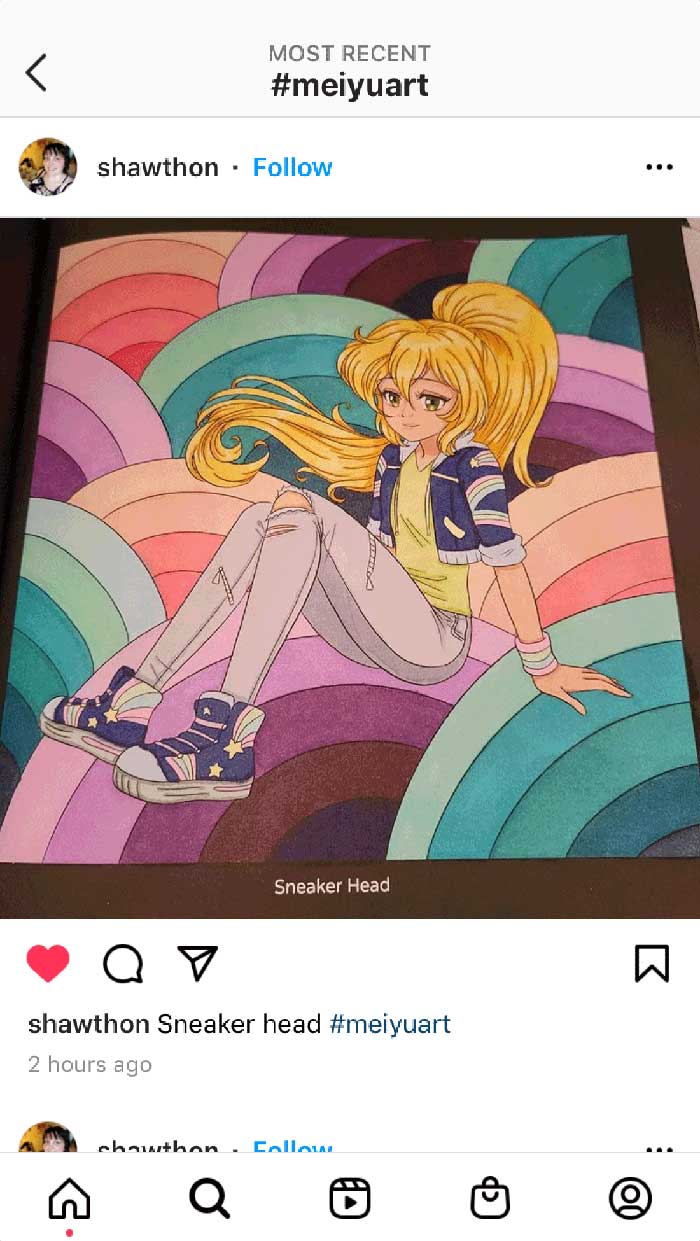 Fan coloring from Mei Yu's coloring books, featuring a modern girl in an anime/manga style.