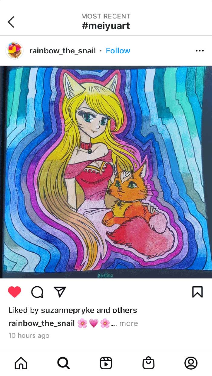 Fan coloring from Mei Yu's coloring books, featuring a cat girl with her sidekick.
