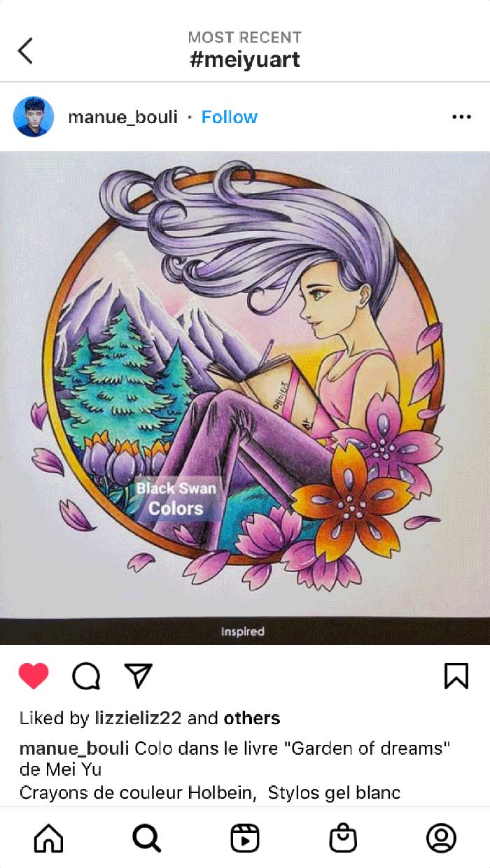 Fan coloring from Mei Yu's coloring books, featuring a girl in nature.