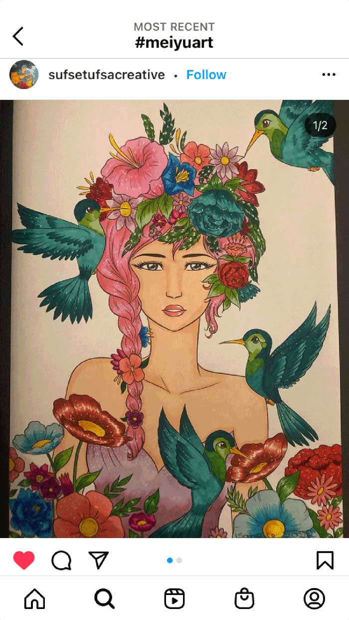 Fan coloring from Mei Yu's coloring books, featuring a nature goddess.