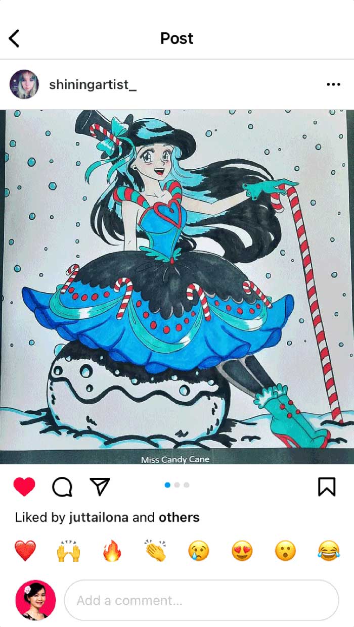 Fan coloring from Mei Yu's coloring books, featuring a girl in a Christmas-inspired dress.