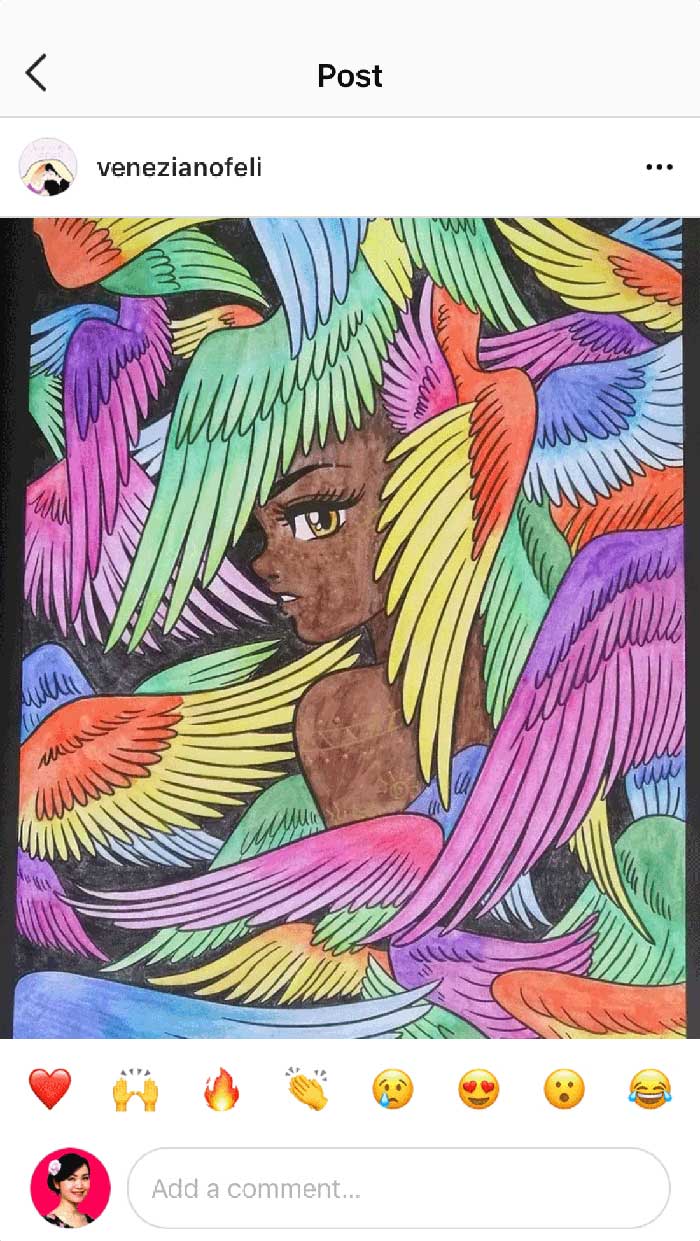 Fan coloring from Mei Yu's coloring books, featuring a fantasy goddess amongst wings.