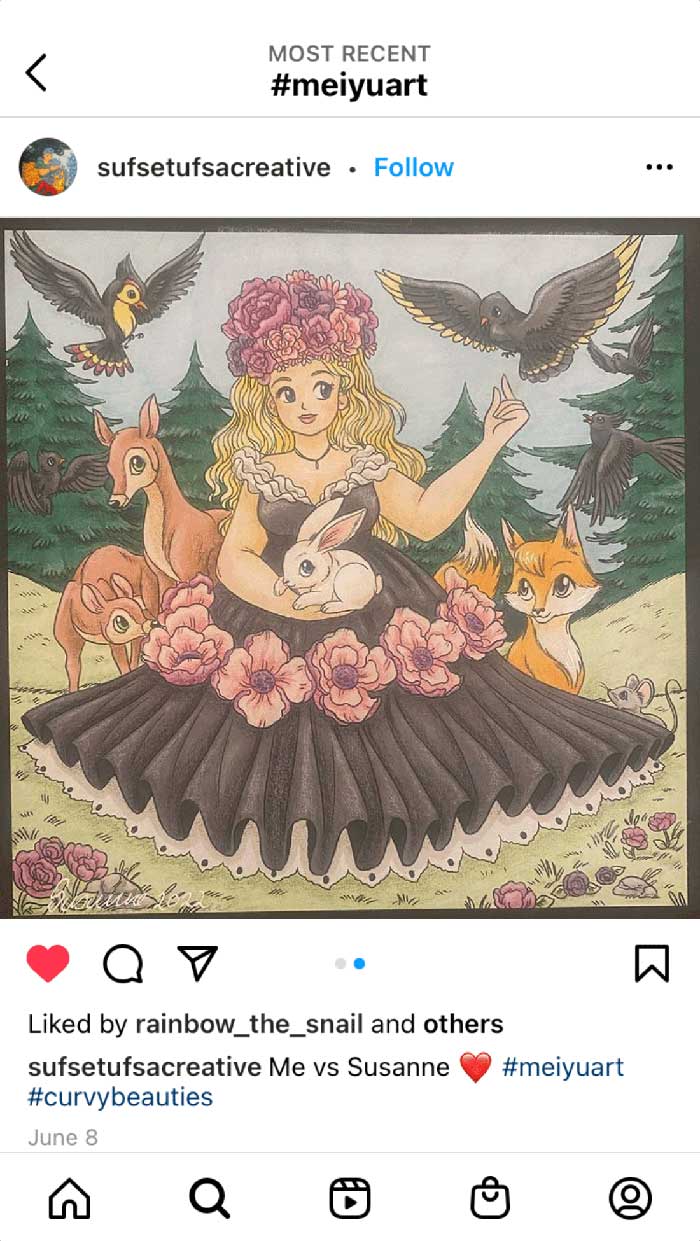 Fan coloring from Mei Yu's coloring books, featuring a princess in nature.