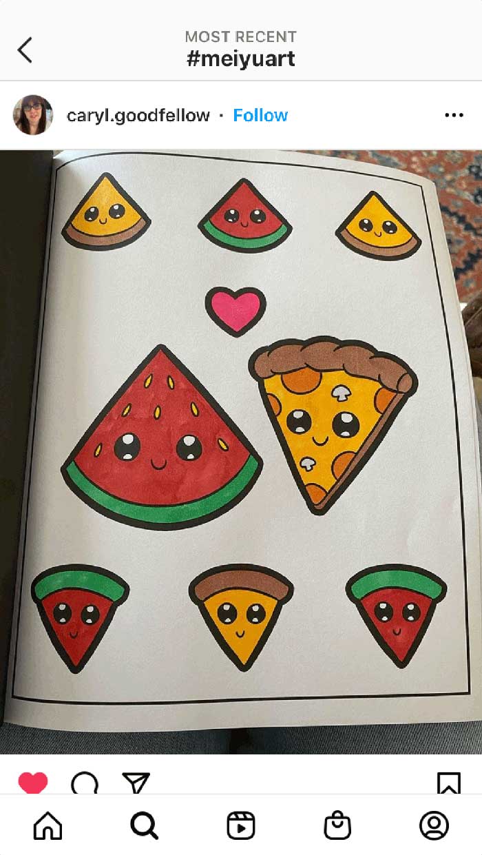 Fan coloring from Mei Yu's coloring books, featuring cute, kawaii food.