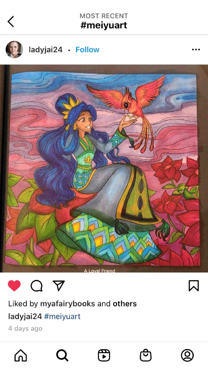 Fan coloring from Mei Yu's coloring books, featuring a beautiful fantasy princess.
