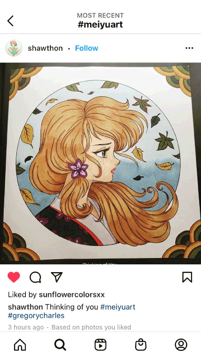 Fan coloring from Mei Yu's coloring books, featuring a girl's profile with leaves blowing in the wind.
