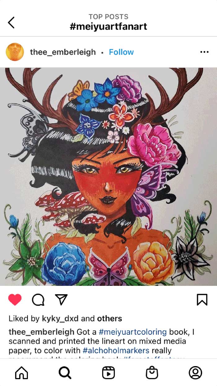 Fan coloring from Mei Yu's coloring books, featuring a forest goddess.