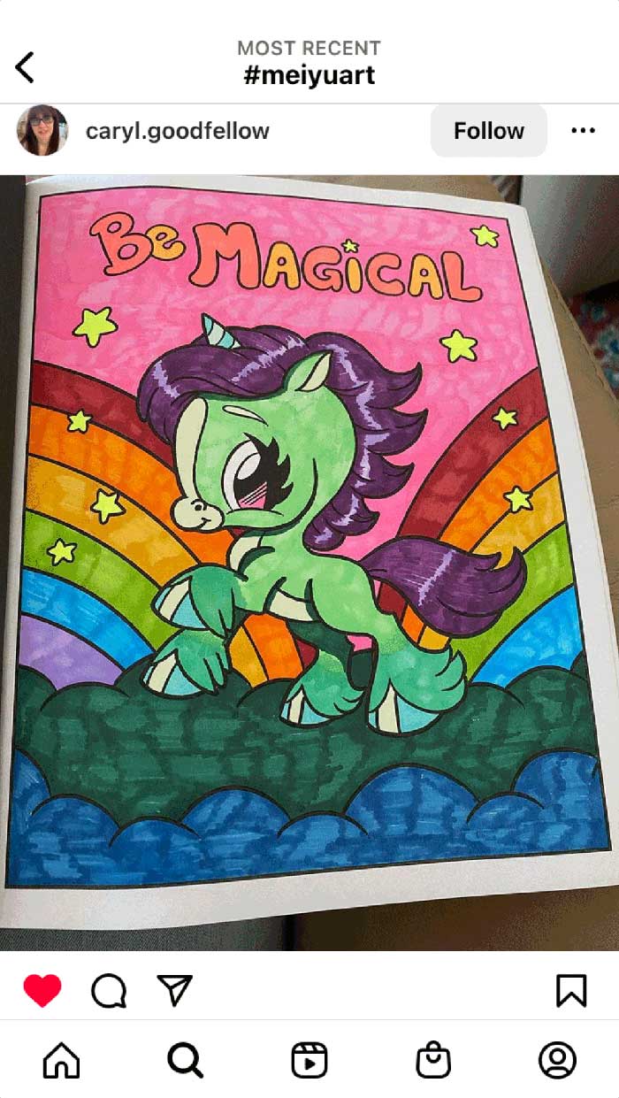Fan coloring from Mei Yu's coloring books, featuring a cute fantasy unicorn.