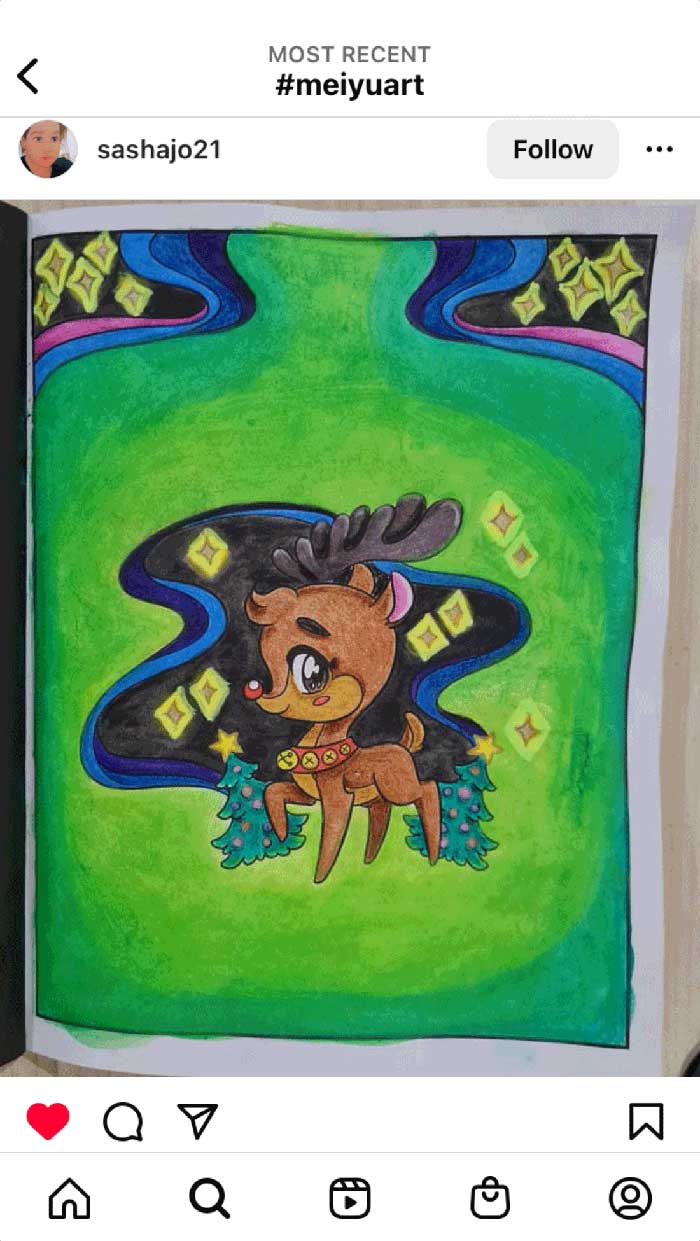 Fan coloring from Mei Yu's coloring books, featuring a cute winter reindeer.