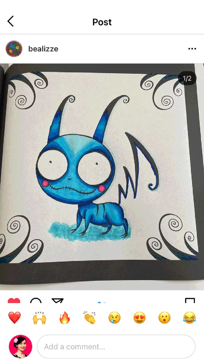 Fan coloring from Mei Yu's coloring books, featuring a pop culture character reimagined in a different art style.