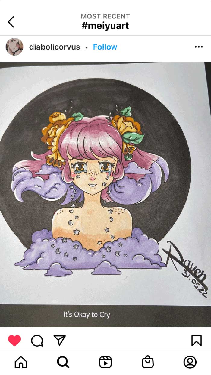 Fan coloring from Mei Yu's coloring books, featuring an emotional design of a crying girl.
