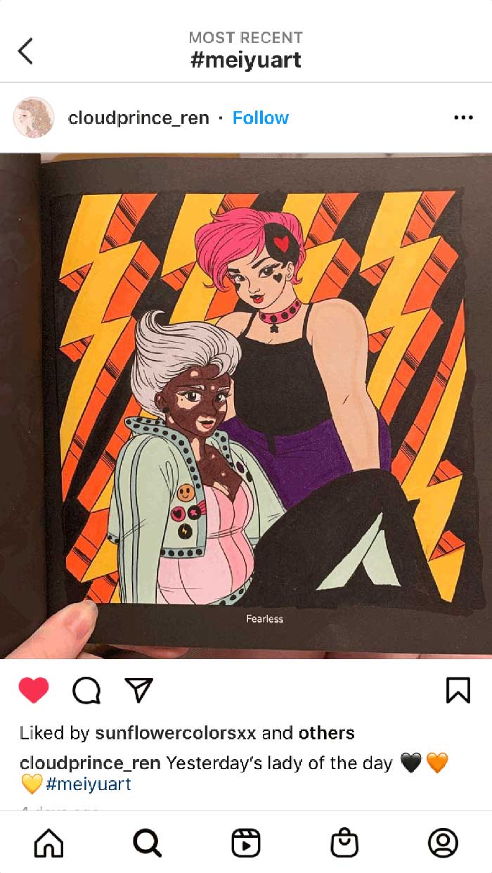 Fan coloring from Mei Yu's coloring books, featuring beautiful, fearless women.