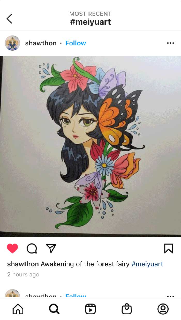 Fan coloring from Mei Yu's coloring books, featuring a design of a beautiful girl amongst flowers and butterflies.