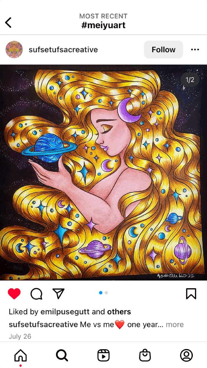 Fan coloring from Mei Yu's coloring books, featuring a space goddess amongst the stars and planets.