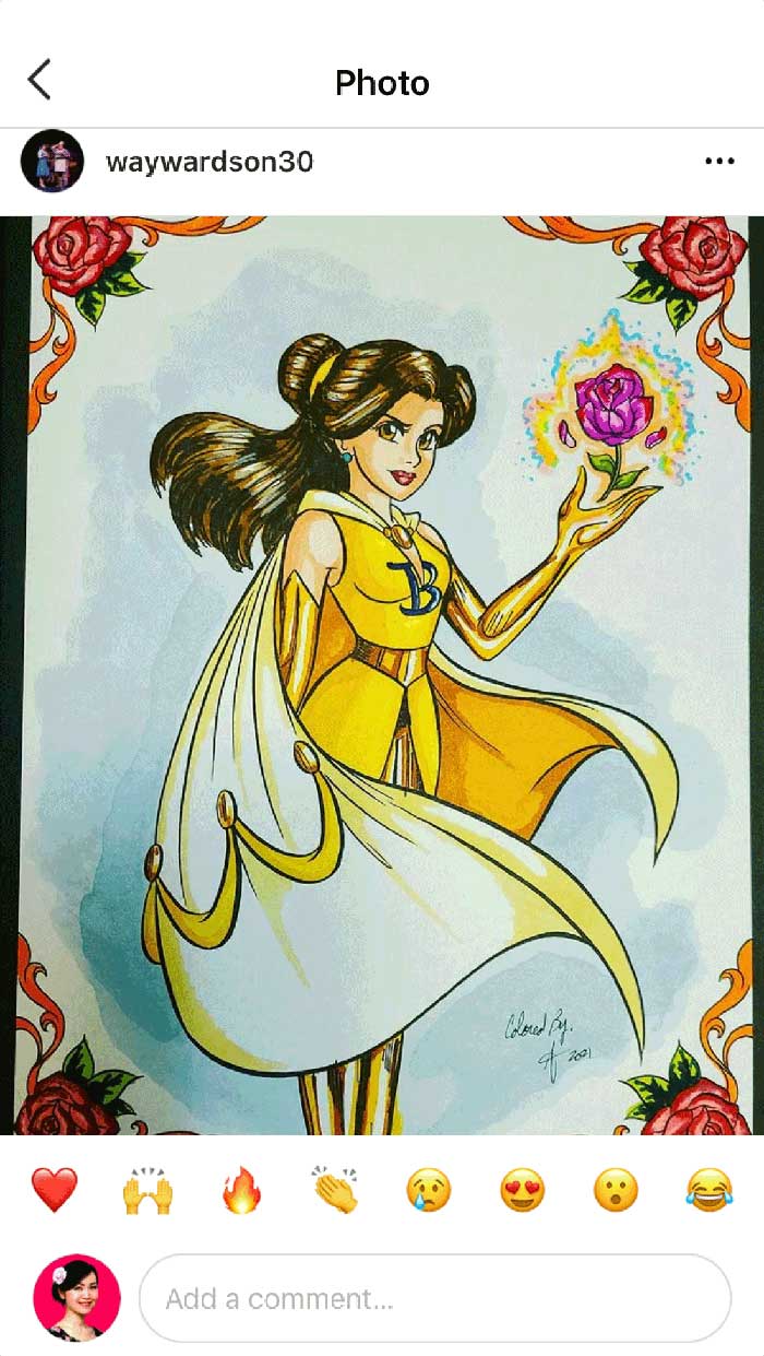 Fan coloring from Mei Yu's coloring books, featuring a pop culture princess reimagined as a superhero.