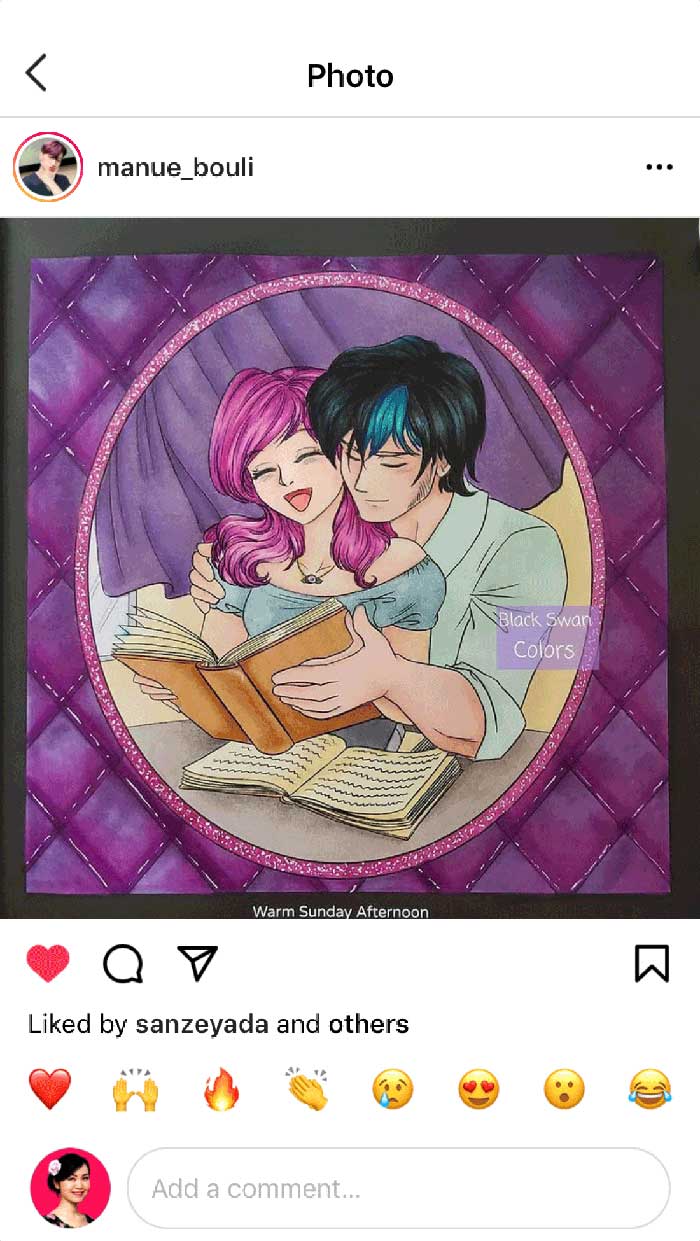 Fan coloring from Mei Yu's coloring books, featuring a romantic couple drawn in an anime/manga style.