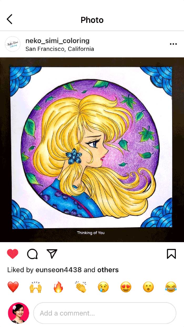Fan coloring from Mei Yu's coloring books, featuring a beautiful woman's profile.
