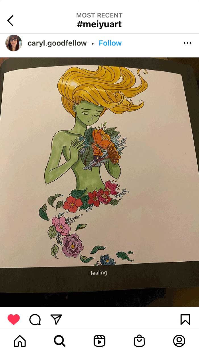Fan coloring from Mei Yu's coloring books, featuring relaxing artwork of a healing spirit.