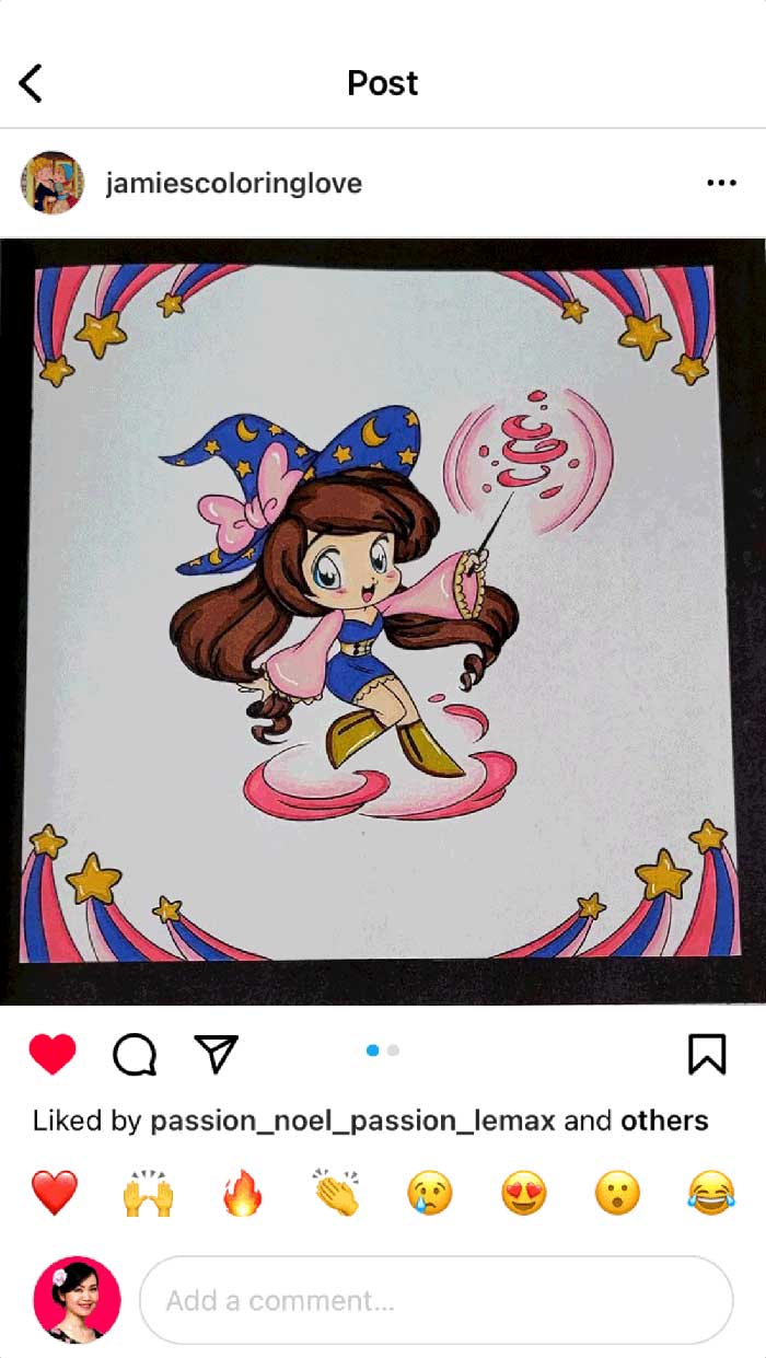 Fan coloring from Mei Yu's coloring books, featuring a cute chibi magical witch girl.
