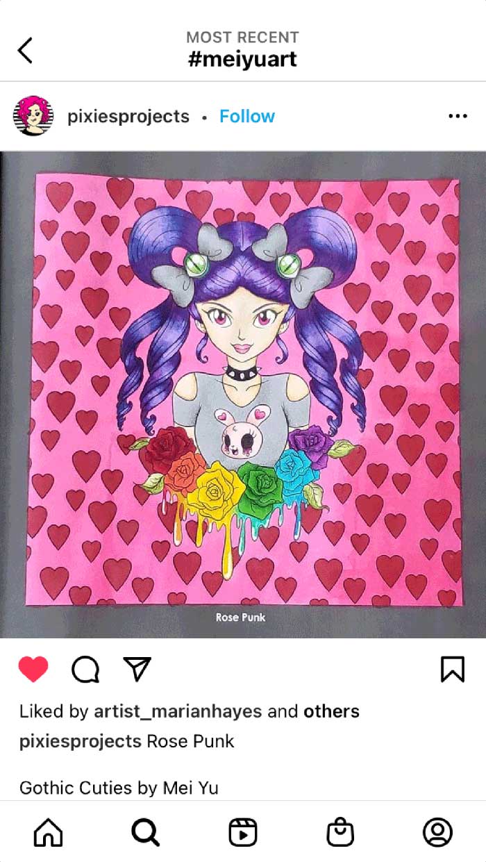 Fan coloring from Mei Yu's coloring books, featuring a goth girl amongst roses.