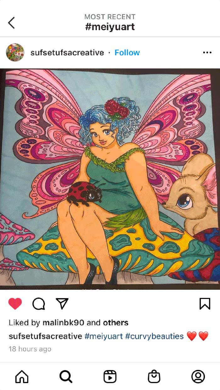 Fan coloring from Mei Yu's coloring books, featuring a beautiful fairy in nature.