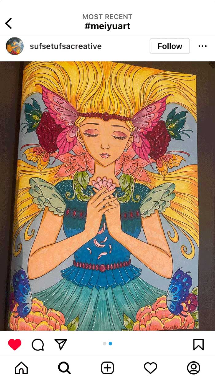 Fan coloring from Mei Yu's coloring books, featuring a beautiful goddess.
