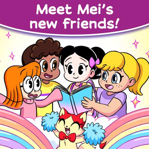 Image of Mei with her three new friends; from left to right: Izzy, Eve, Mei, and Ally.