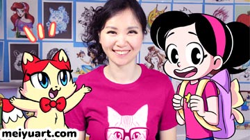 Lost & Found graphic novel memoir author Mei Yu with her characters Mei and Meiow.
