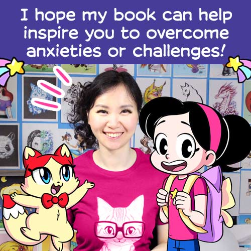 Lost & Found graphic novel memoir author Mei Yu with her characters Mei and Meiow.
