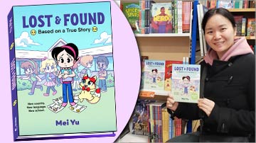 Photo of Mei Yu with her graphic novel memoir Lost & Found at Vancouver Kidsbooks.