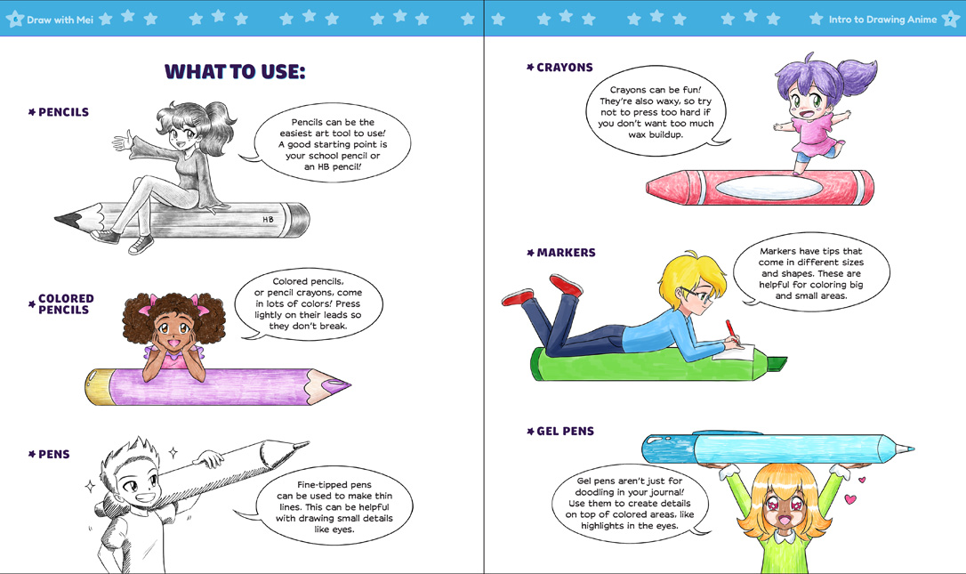 Draw with Mei preview pages: different types of art mediums.