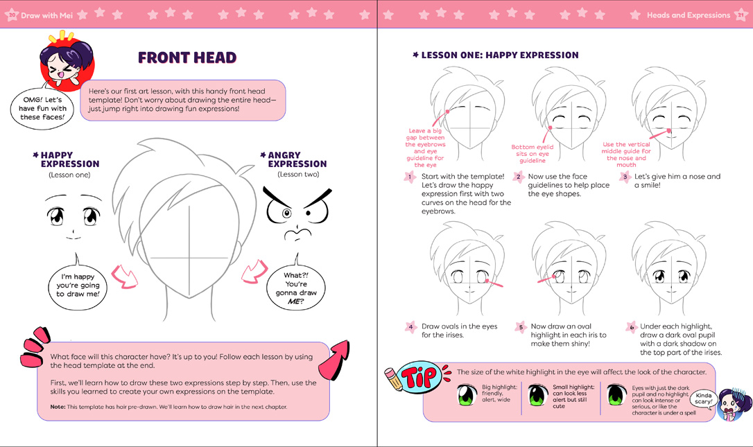 Draw with Mei preview pages: how to draw expressions on a head template.