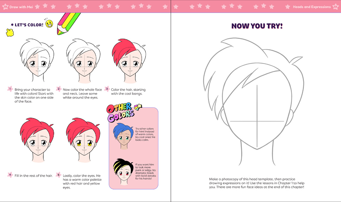 Draw with Mei preview pages: how to draw expressions on a head template - coloring instructions.
