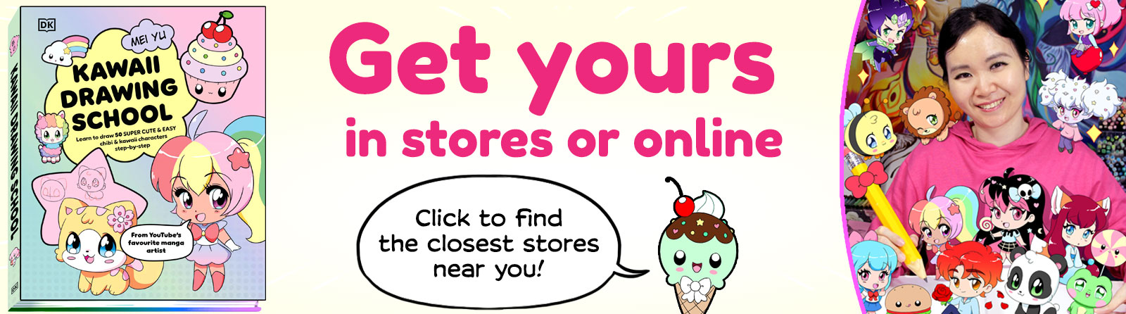 Promo banner for Mei's cutest how to draw book Kawaii Drawing School.