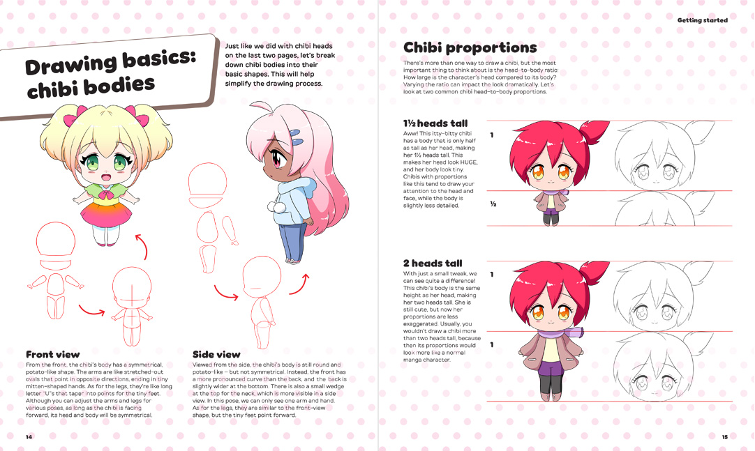 Kawaii Drawing School preview pages: chibi bodies and proportions.