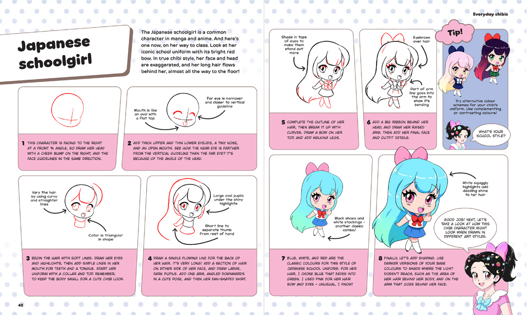 Kawaii Drawing School preview pages: how to draw a Japanese schoolgirl chibi.