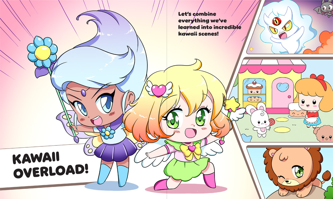 Kawaii Drawing School preview pages: chapter opening spread on kawaii scenes.