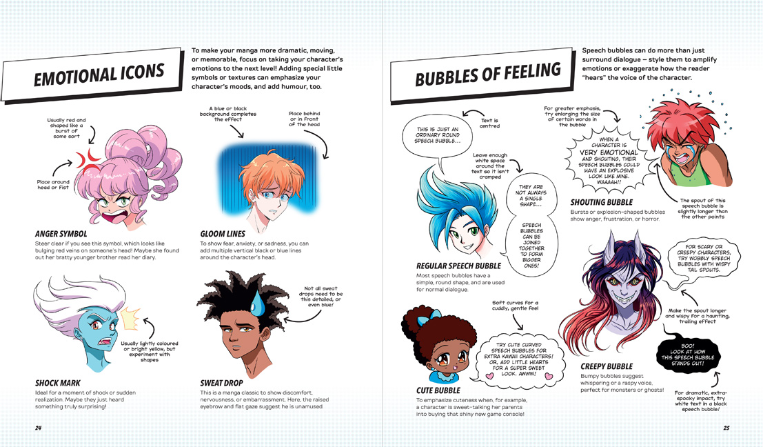 Manga Drawing School preview pages: emphasizing emotion.