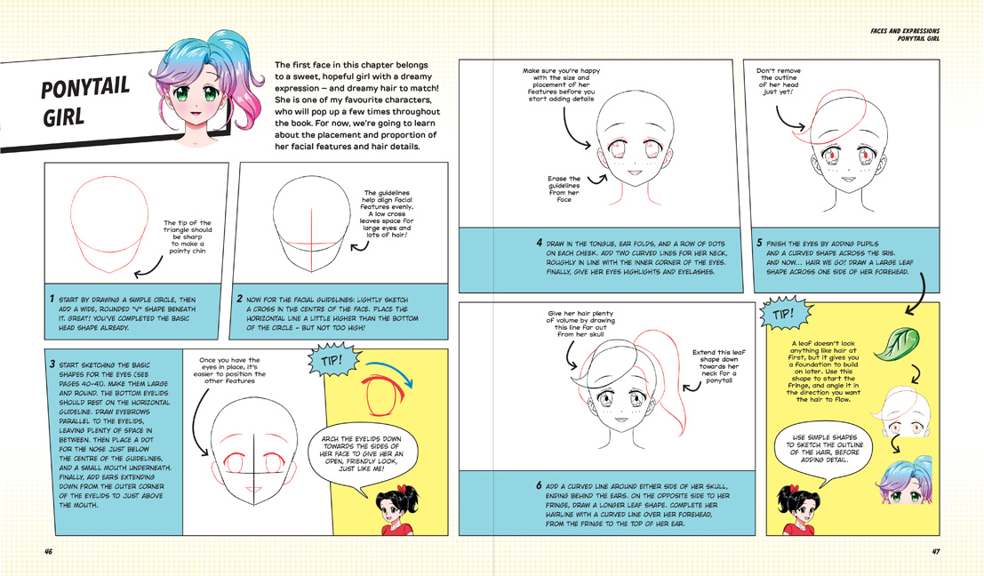 Manga Drawing School preview pages: how to draw a ponytail girl.