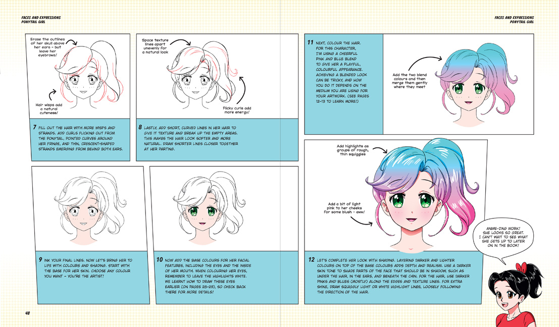 Manga Drawing School preview pages: how to draw a ponytail girl, including coloring steps.