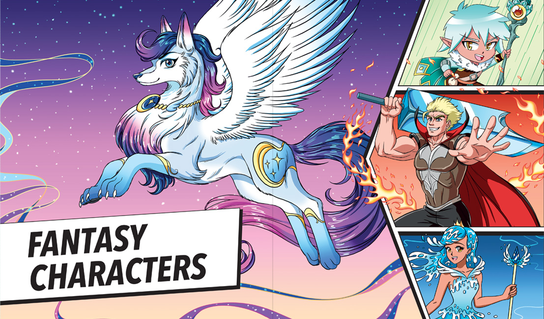 Manga Drawing School preview pages: chapter opening spread on how to draw fantasy characters.