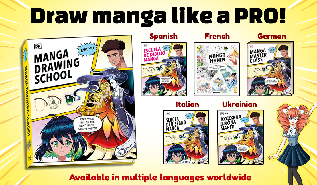 Manga Drawing School promo image, featuring an overview of the different languages this book is available in.