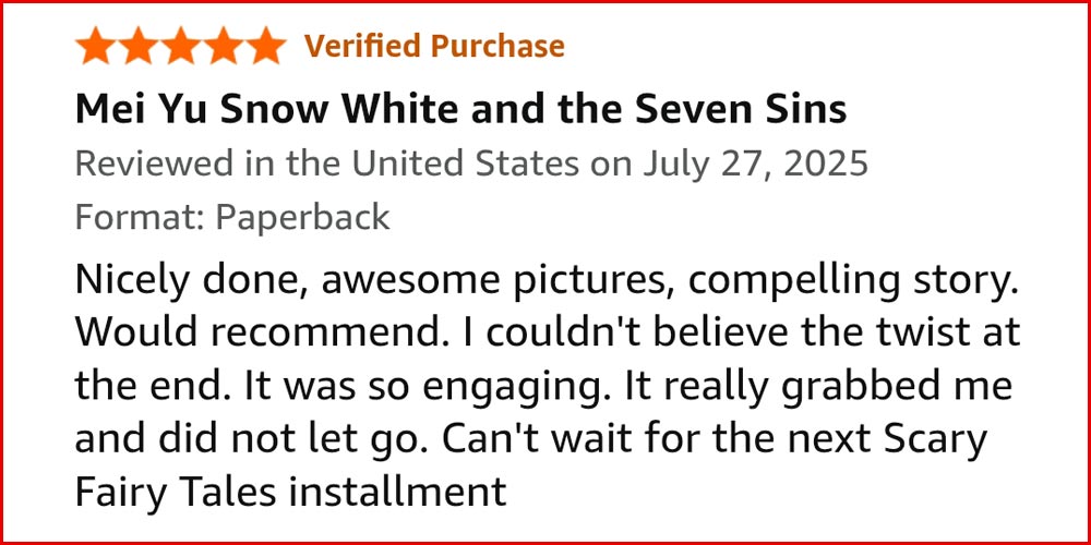 Review for the Scary Fairy Tales illustrated novel Snow White and the 7 Sins by Mei Yu and Shawn Yu, sibling creators.